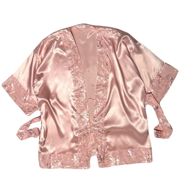 Victoria's Secret Gold Label Pink Satin Jacquard Short Robe and Cami Set Large